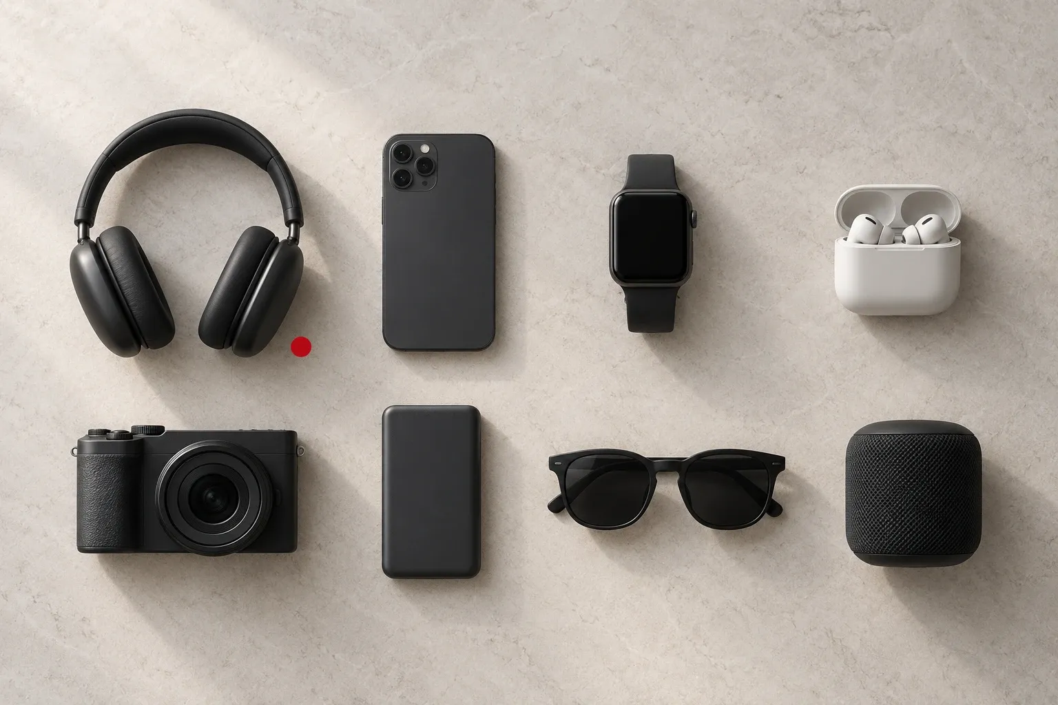 Everyday gadgets arranged in a precise grid, with one pair of headphones marked by a small red dot