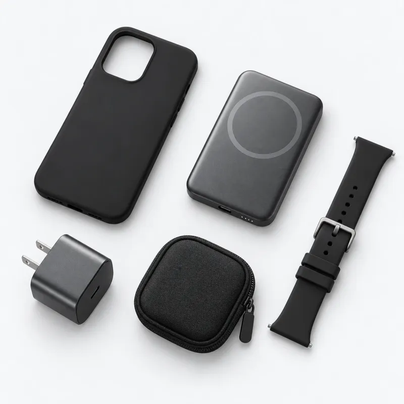 A phone case, a magnetic power bank, a watch strap, a charger and a cable pouch laid out on a light surface