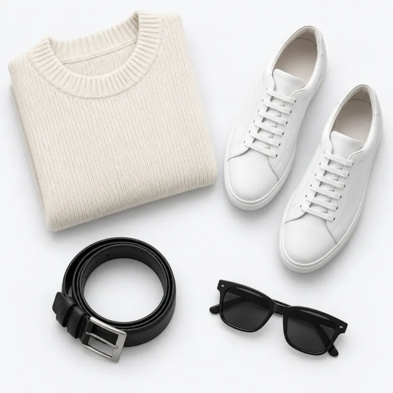 A folded knit sweater, white sneakers, a leather belt and sunglasses laid out on a light surface
