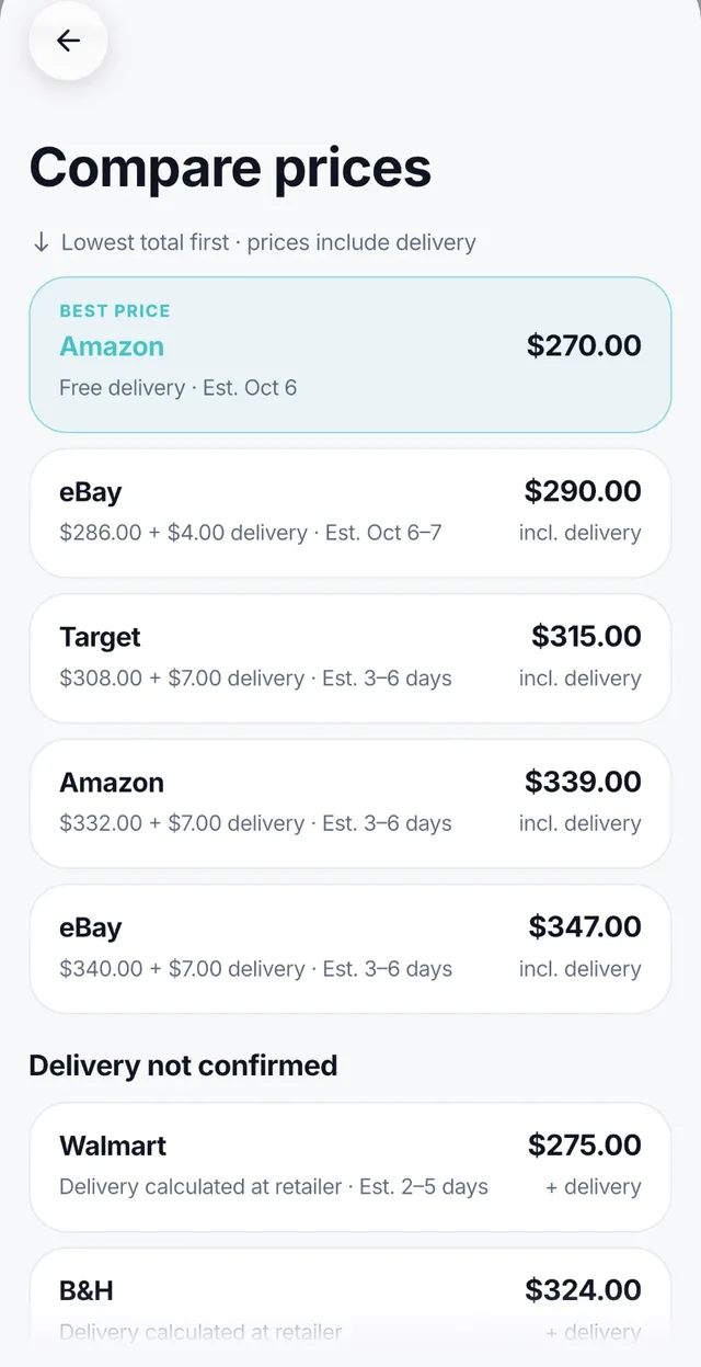 Easelect price comparison listing retailers by lowest total price including delivery