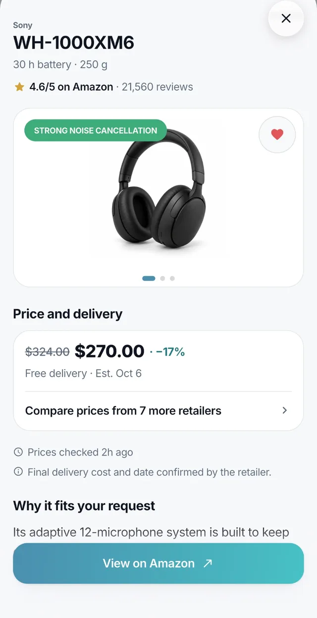 Easelect product detail with price, delivery and a button to continue to the retailer
