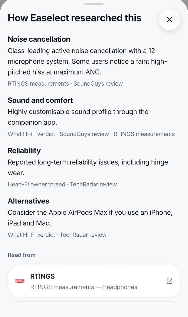 Easelect explaining how it researched a recommendation, with the review sources it read