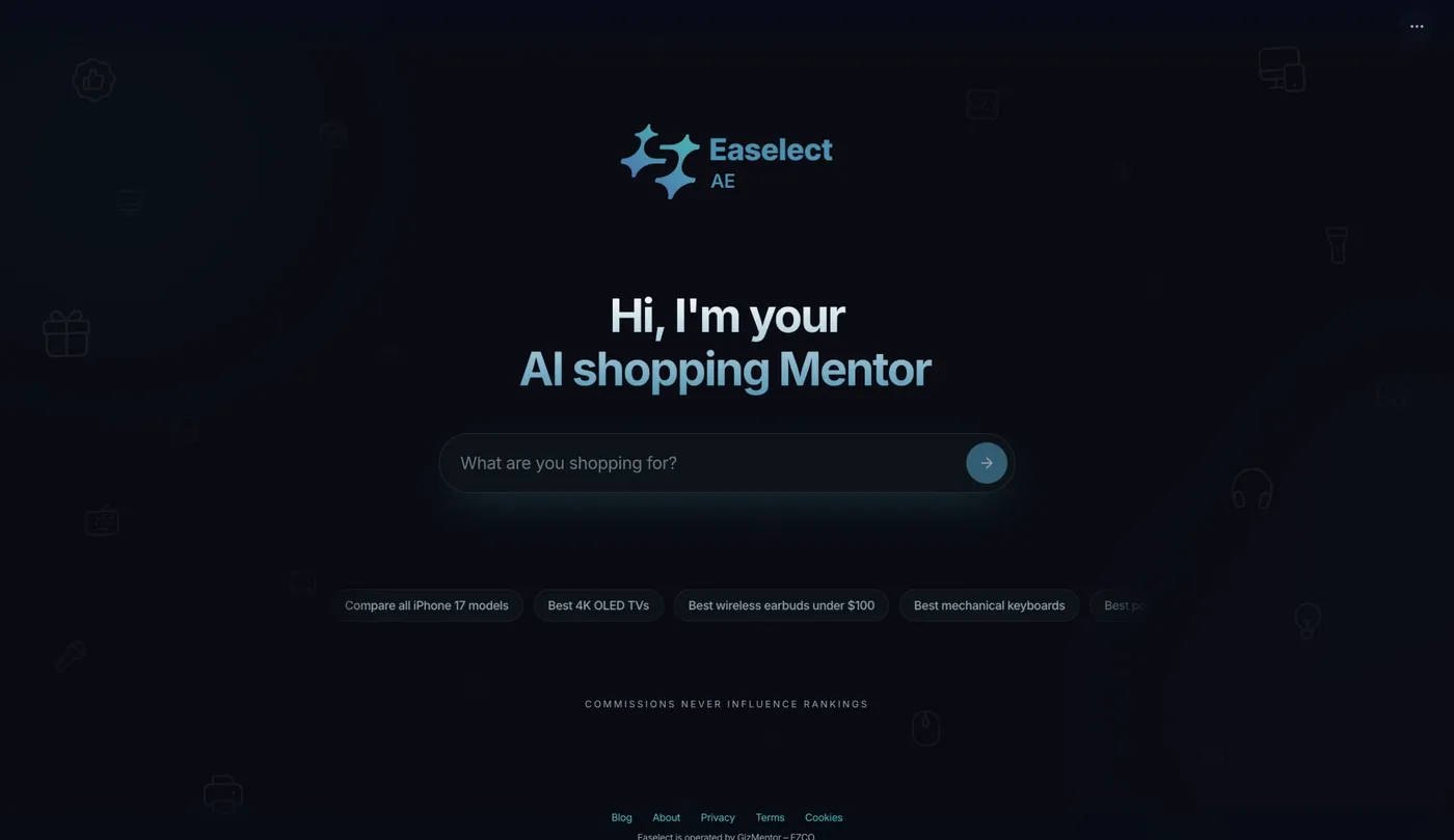 The Easelect web platform home page: “Hi, I’m your AI shopping Mentor”, with a search box and suggested searches