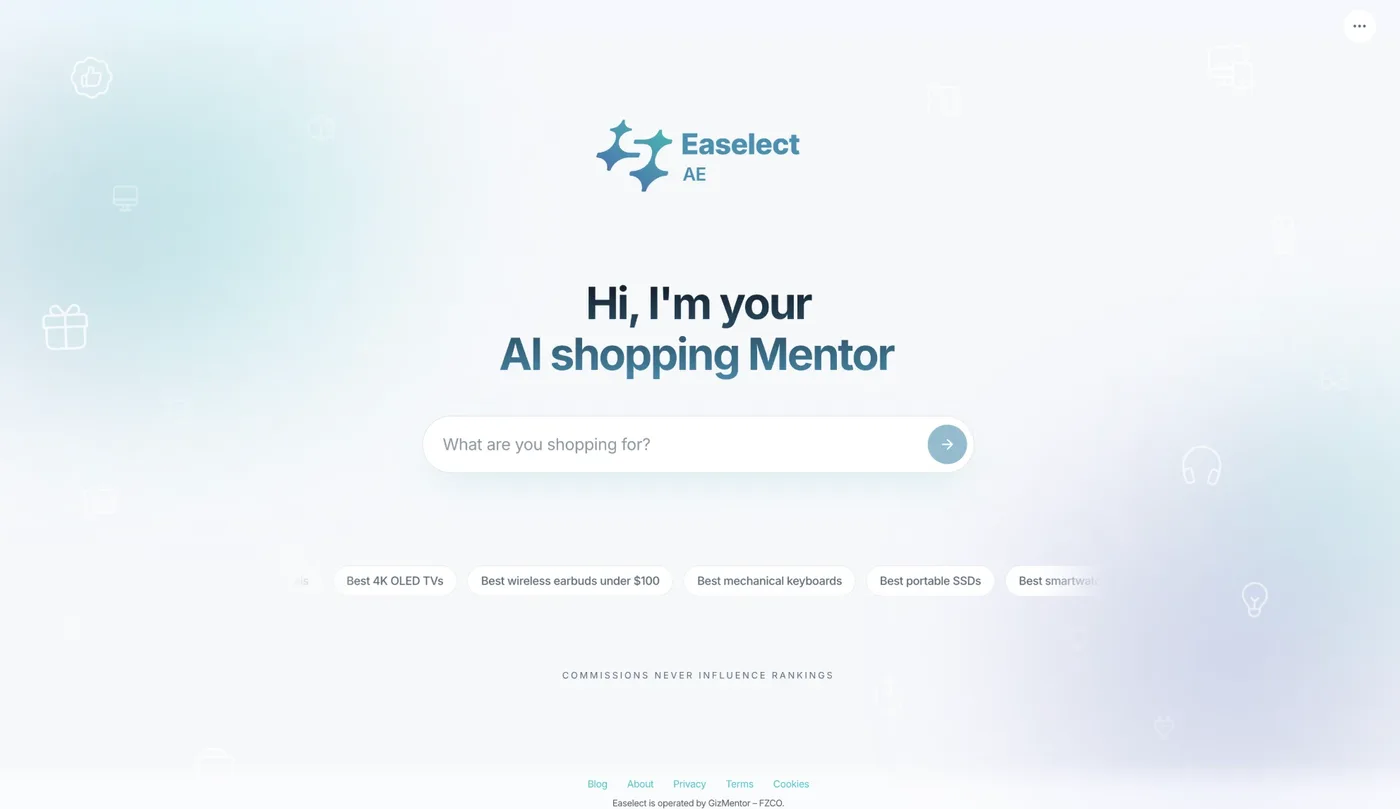 The Easelect web platform home page: “Hi, I’m your AI shopping Mentor”, with a search box and suggested searches