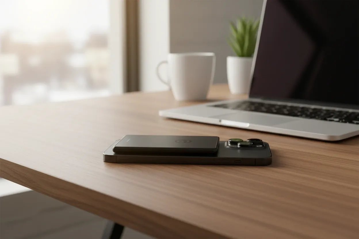 MagFusion Air attached to a phone on a desk beside a laptop