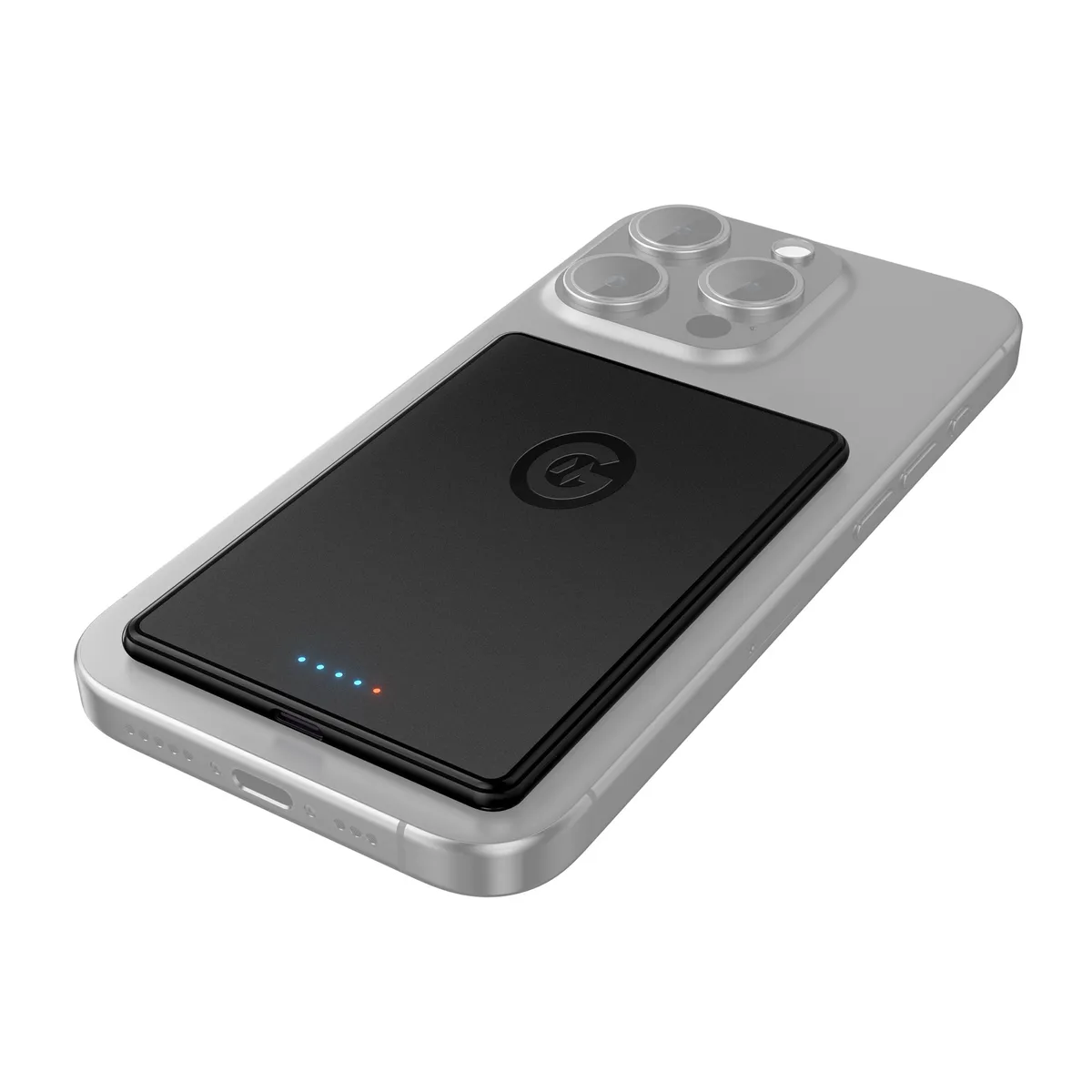MagFusion Air magnetic power bank attached to the back of a phone, with its charge indicator lights on